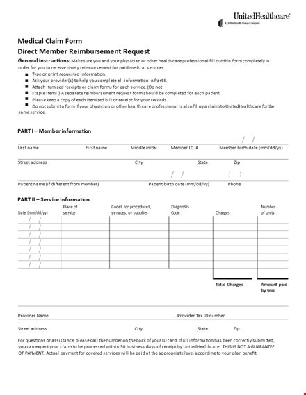 claim reimbursement form for unitedhealthcare members - submit your services template