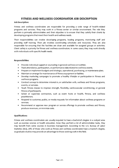 health and wellness coordinator job description template