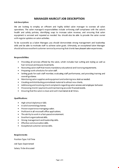 barber shop manager job description template