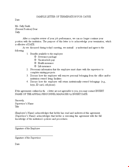 sample job termination letter: free pdf template for employee by supervisor template