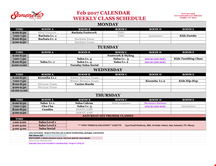 dance class schedule example template