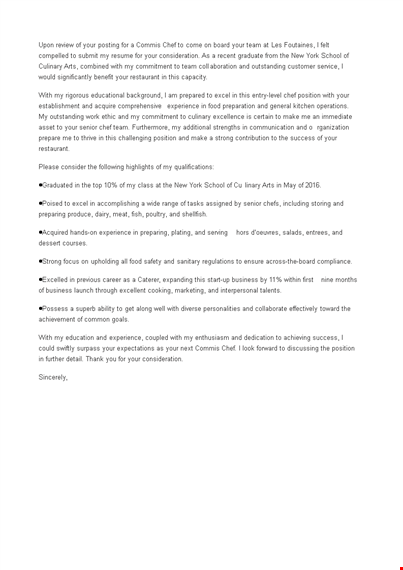 commis chef job application letter template