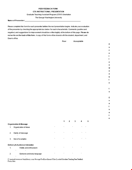 graduate teaching peer feedback form template