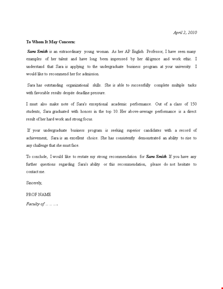 business recommendation letter template for undergraduate student - smith template