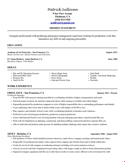 professional sample resume & video production | francisco template