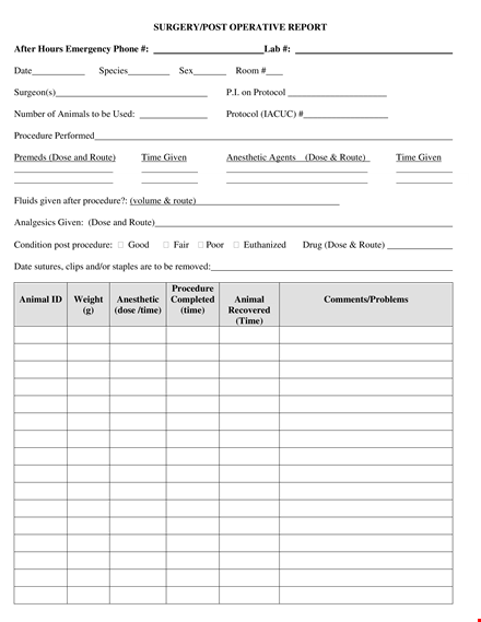 post operative report template template