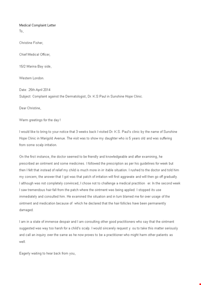 formal medical complaint letter template