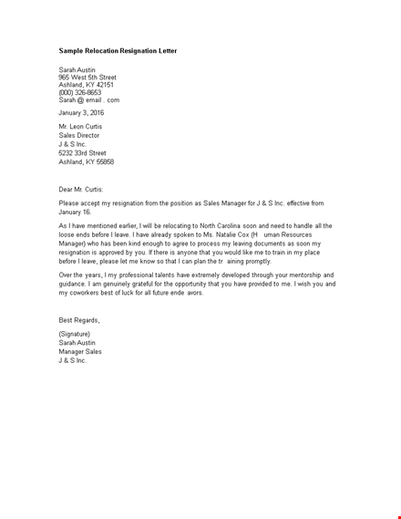 sample relocation resignation letter template