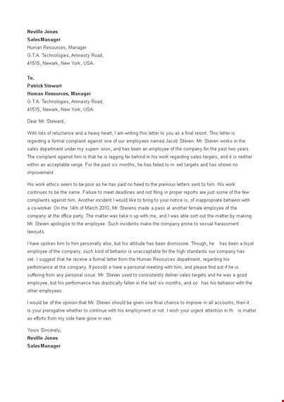 formal employee complaint letter template
