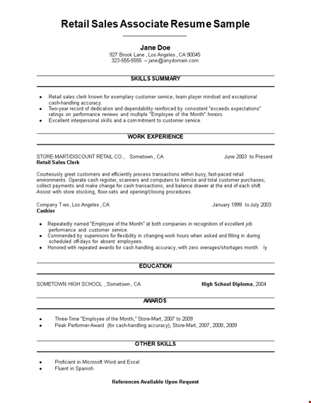 retail sales associate resume sample template