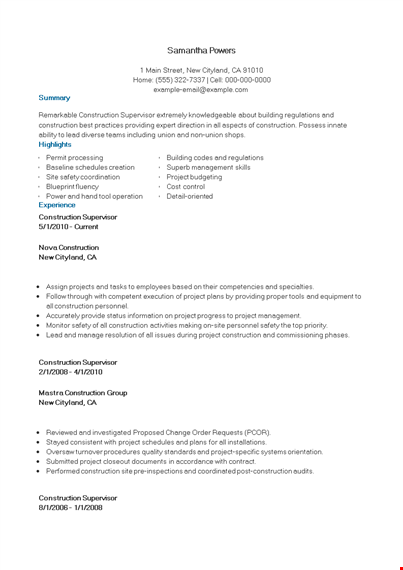 construction supervisor work resume template