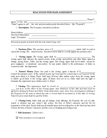 real estate purchase agreement form template