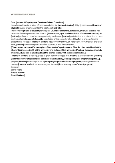 school recommendation letter template for students template