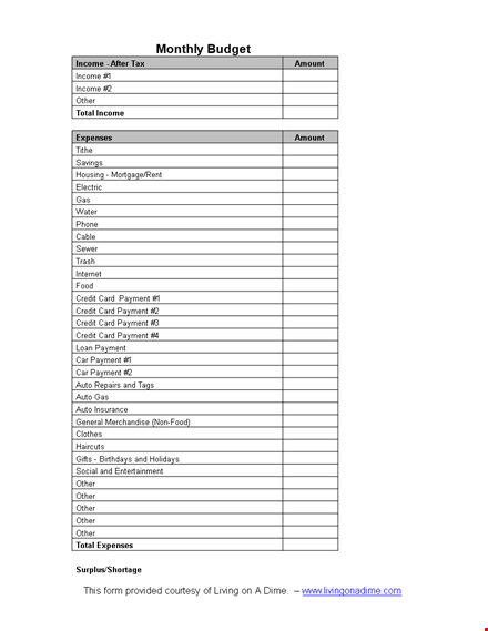 monthly budget template word template