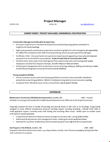 project manager resume template - customer experience: skills, seattle painting template