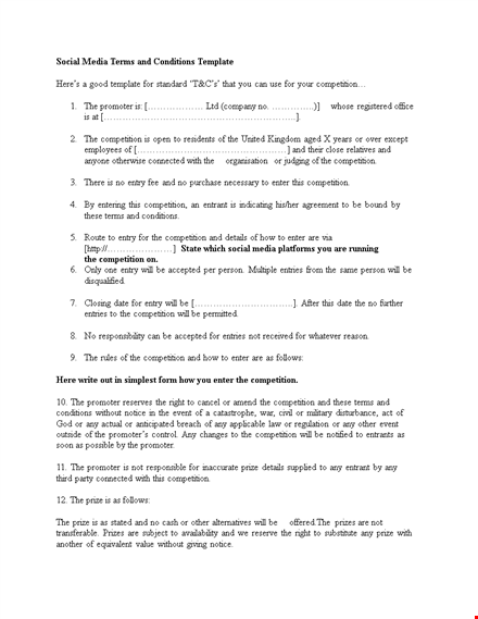 terms and conditions template | ensure fair competition and choose a winner template