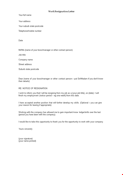 formal work resignation letter example template