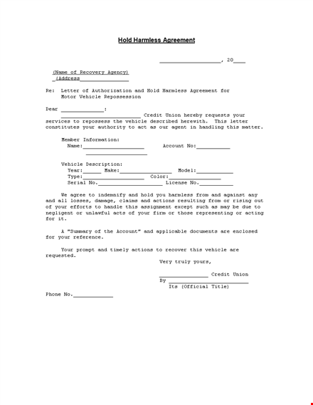 get a hold harmless agreement template for your vehicle agreement template