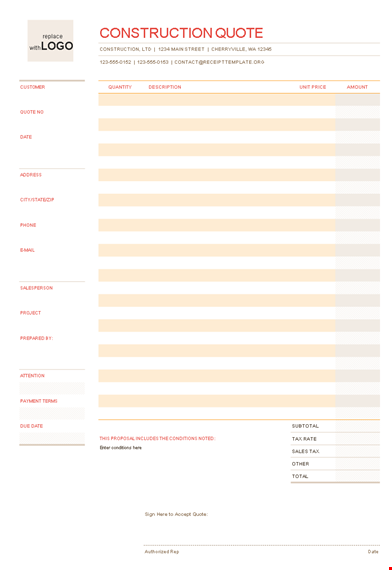 construction quote template: customize your quote and conditions template
