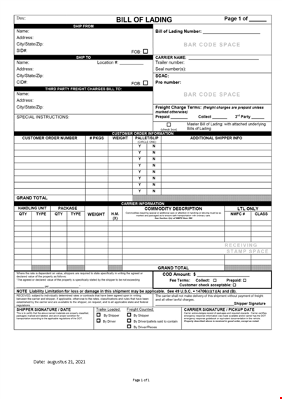 blank bill of lading template