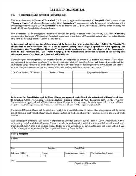 easy-to-use letter of transmittal template for share consolidation | computershare template