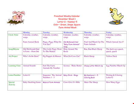 preschool weekly calendar - letter, calendar, weather, animal template