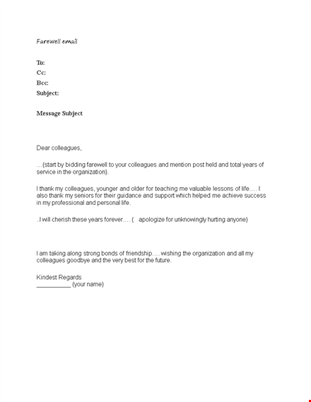 farewell email template - say goodbye to your organization, colleagues, and subject after years template