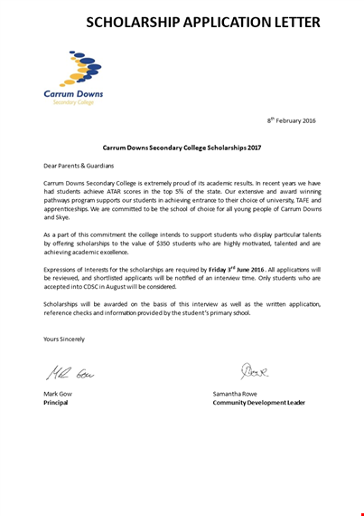 motivational scholarship application letter for college students in carrum downs template