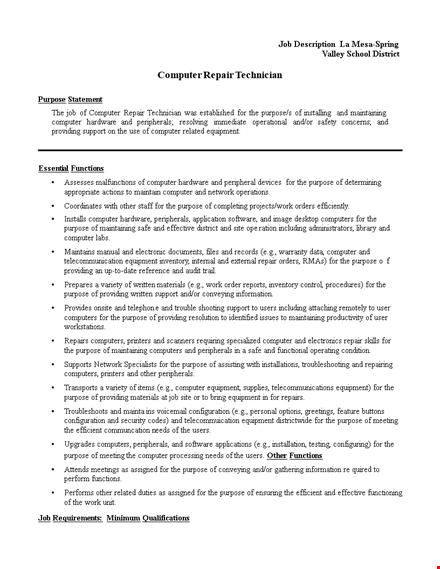 computer repair technician job description | equipment, skills, and purpose template