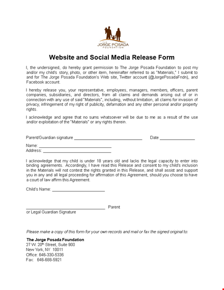 social media release form template | materials release | child | jorge posada template