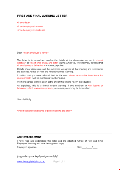 final warning letter for employee | confirming employee's warning template