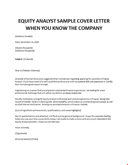 equity analyst cover letter template