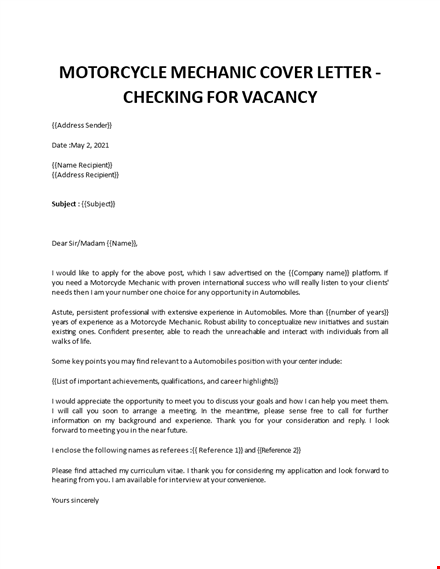 motorcycle mechanic cover letter  template