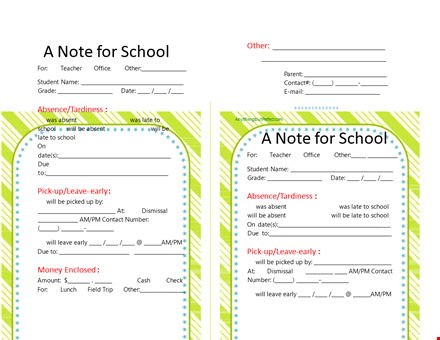 printable parent note form for school template