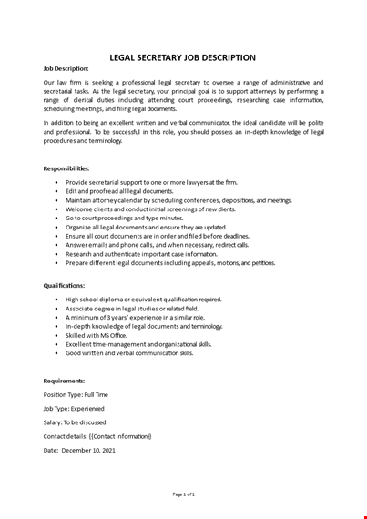 legal secretary job description  template