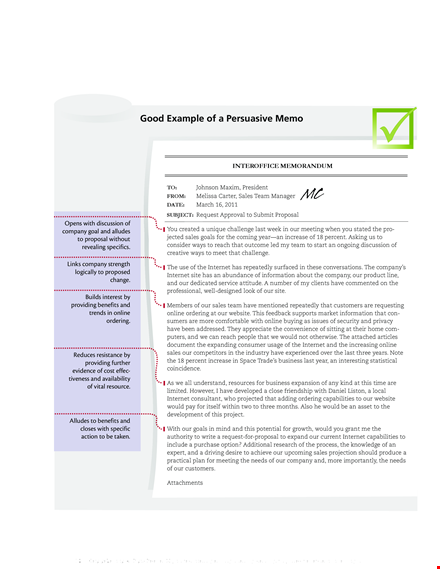 persuasive business memo template for company sales on the internet template