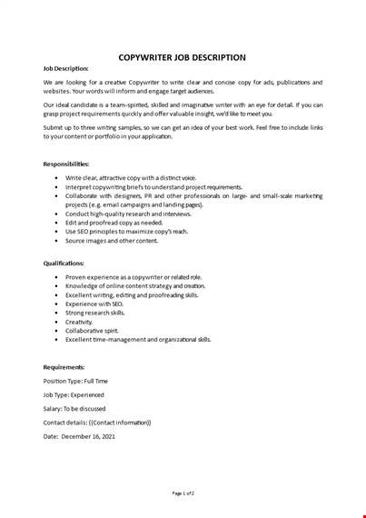 copywriter editor job description template