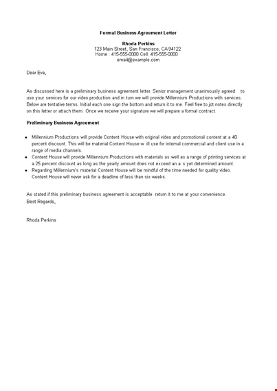 formal business agreement letter template - create a strong house business agreement content template