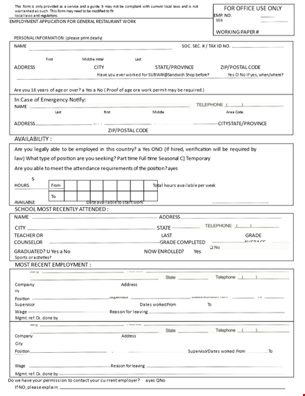restaurant job application form sample template