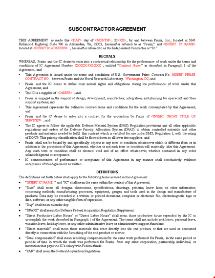 praxis subcontractor agreement - clear terms and obligations template