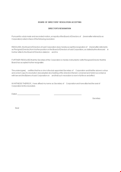 directors resignation acceptance letter template template