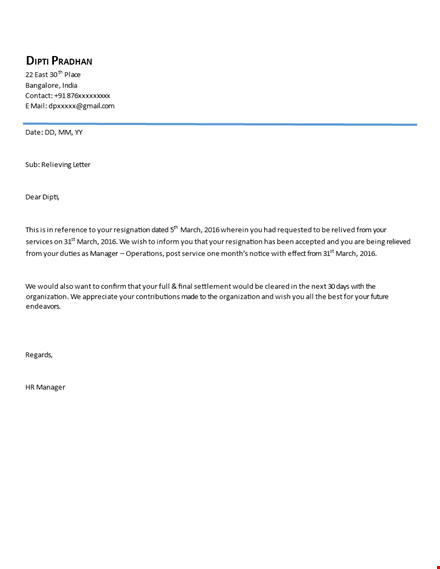 job relieving letter format - resignation in march - dipti template