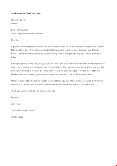 job promotion thank you letter template