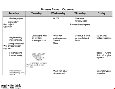 mystery project calendar template template