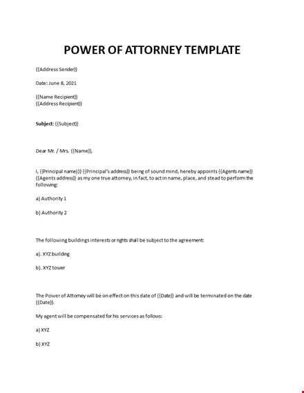 power of attorney template template