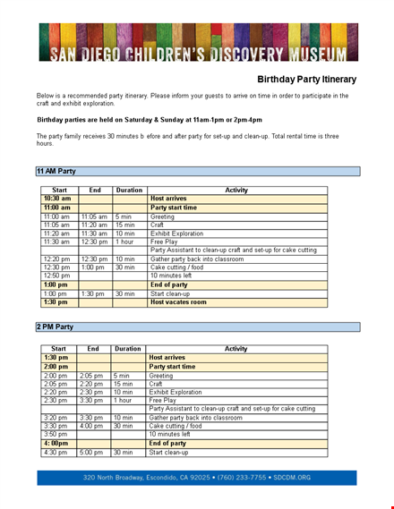 sample party itinerary - start, craft, party template