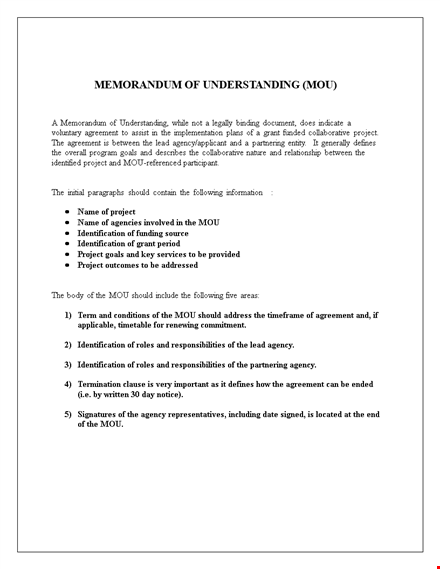 memorandum of understanding template - streamlined agreements for projects, services, and agencies template