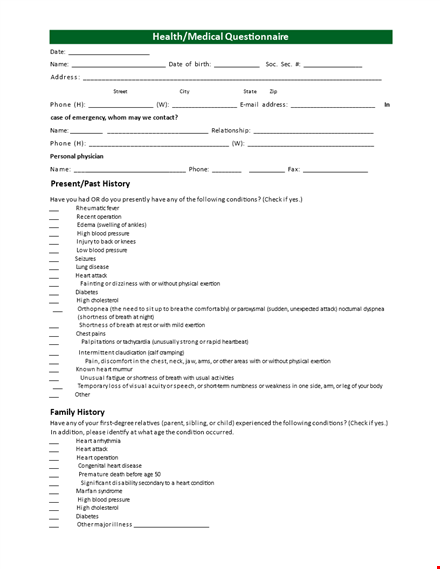 medical questionnaire template template