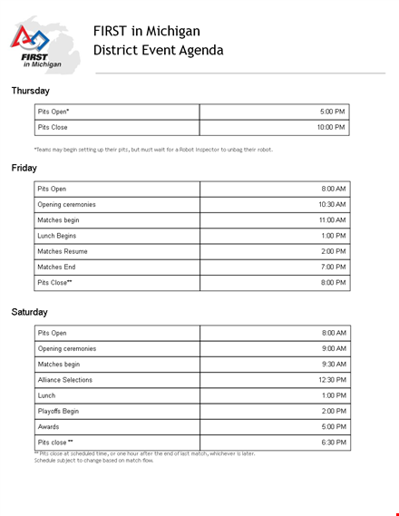 district event agenda | begin, close, matches | [company name] template