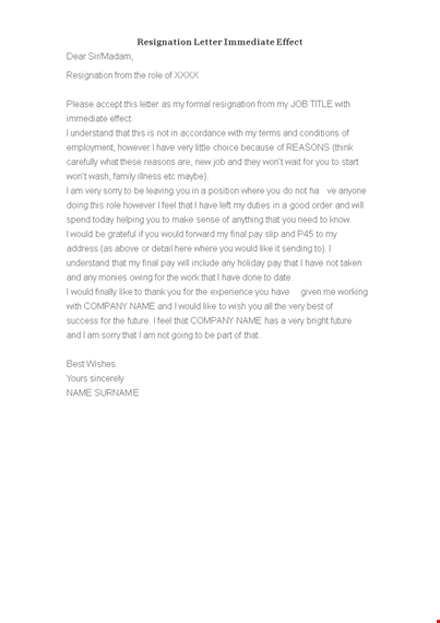 resignation letter immediate effect format template